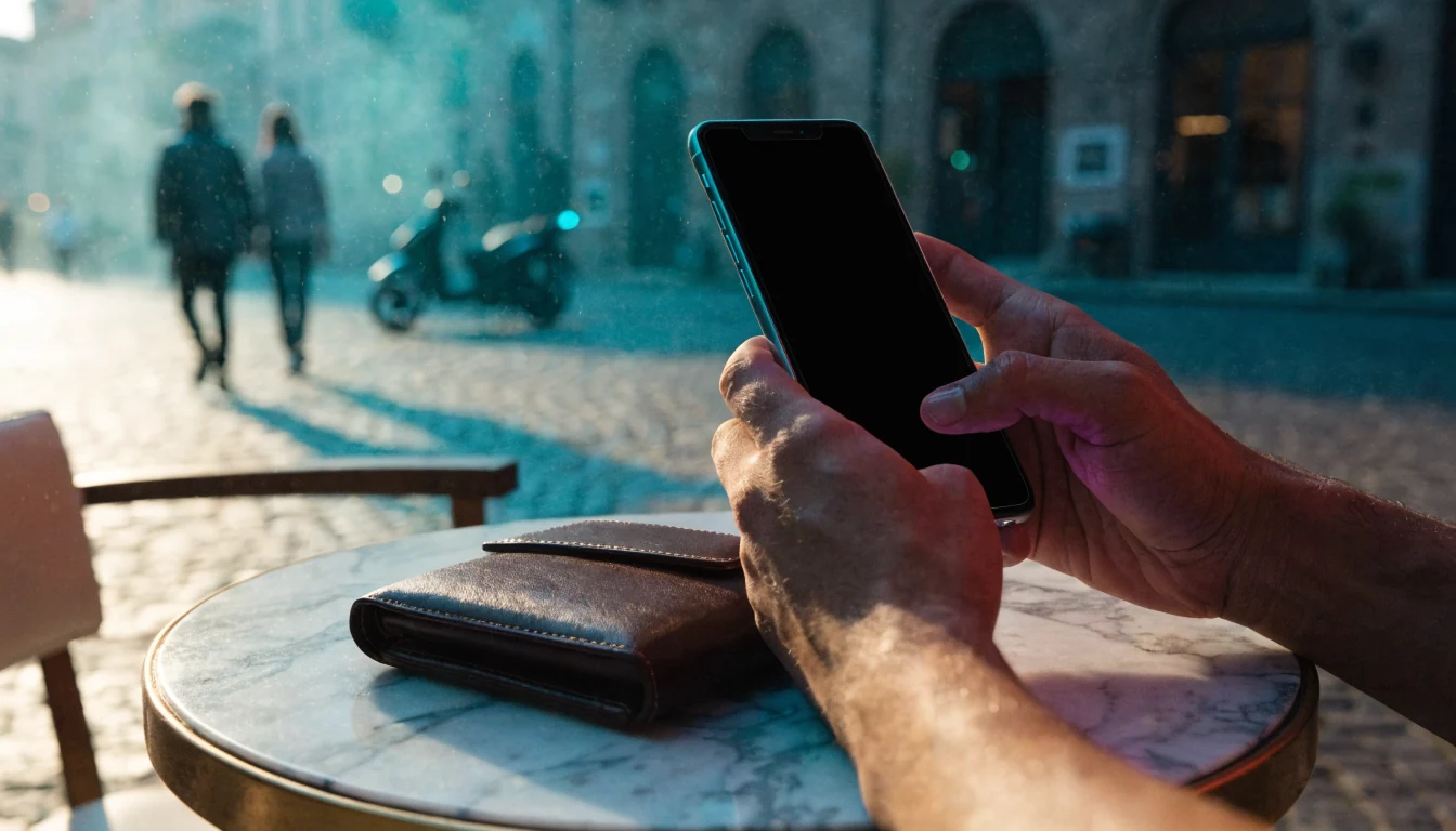 Smartphone e portafoglio su un tavolo di marmo in una piazza italiana.
