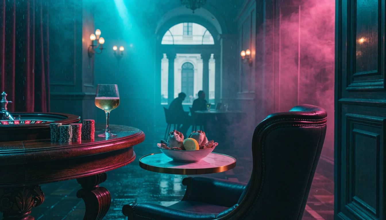 Sala da gioco italiana con roulette, fiches, granchio e prosecco