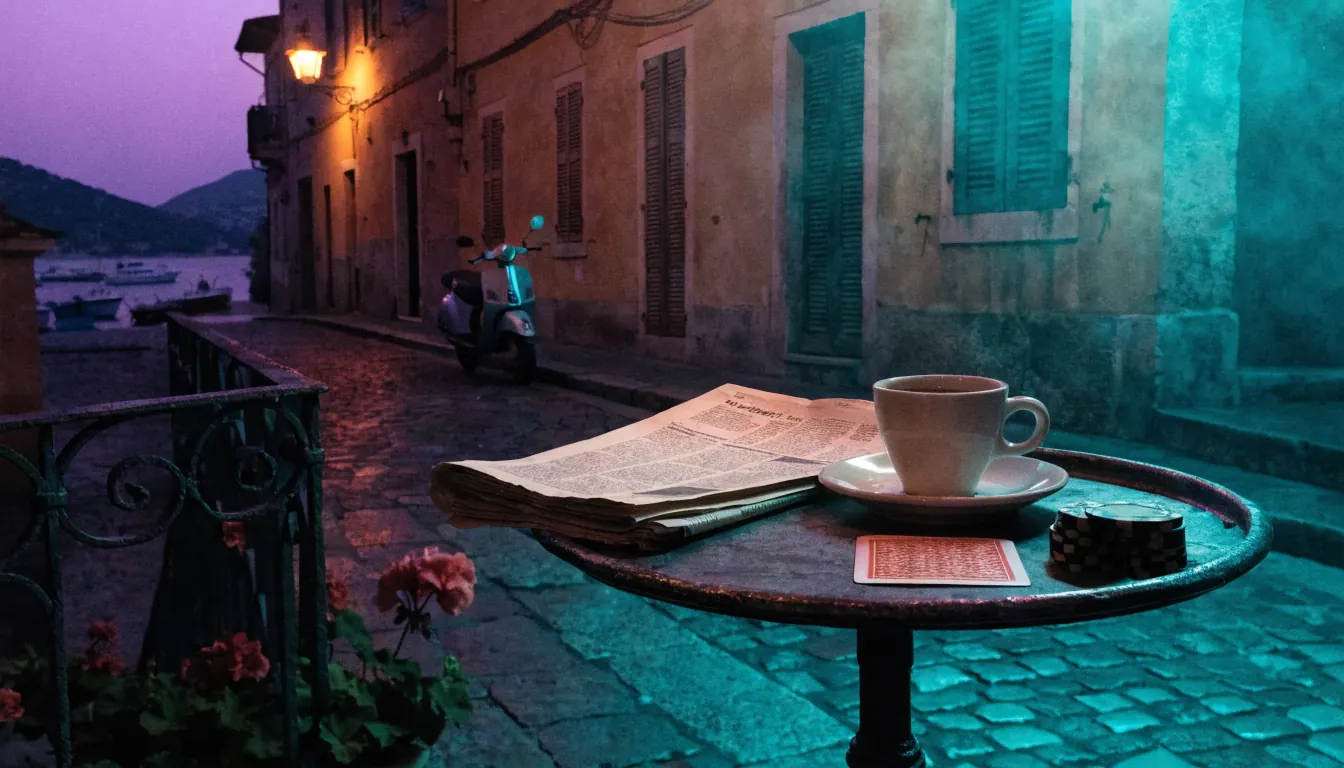 Stradina italiana al tramonto con fiches da poker e caffè sul tavolino.