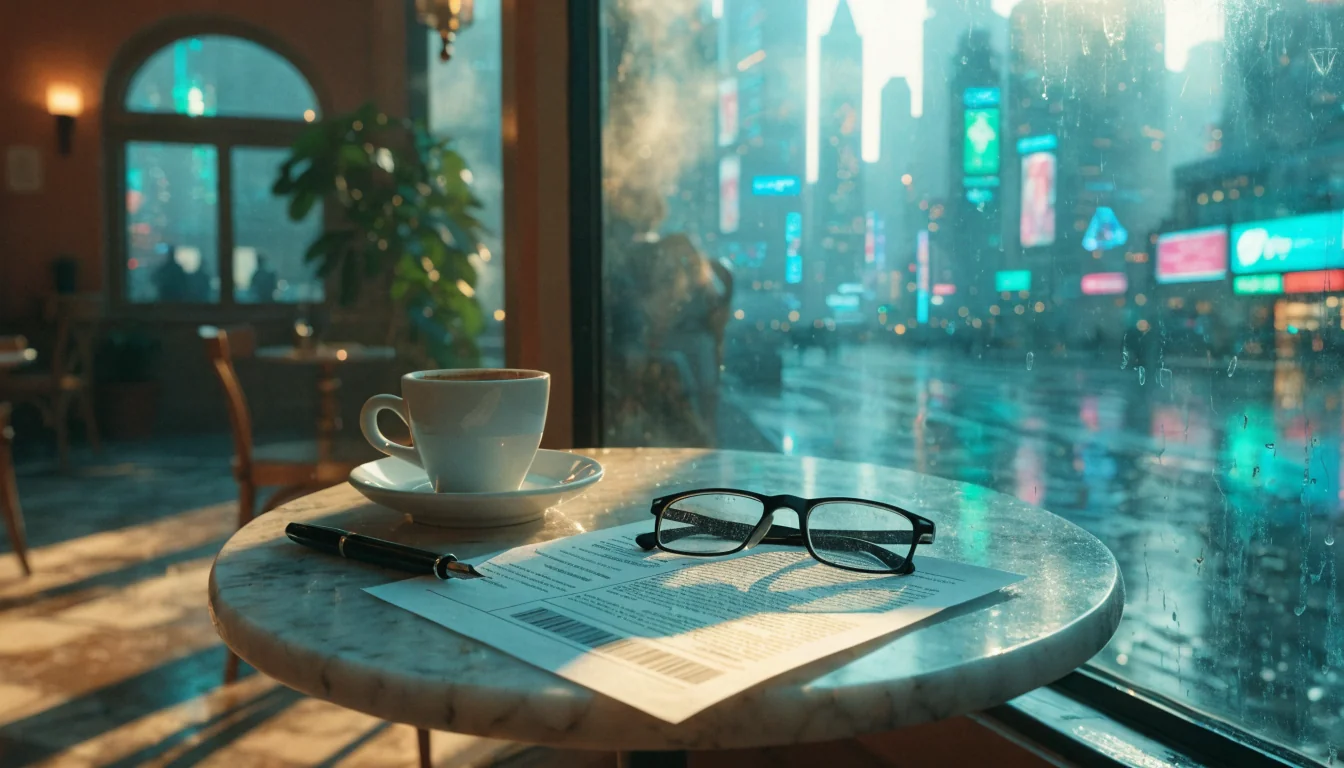 Documento stampato su tavolo di caffè italiano con tazzina espresso e occhiali da lettura