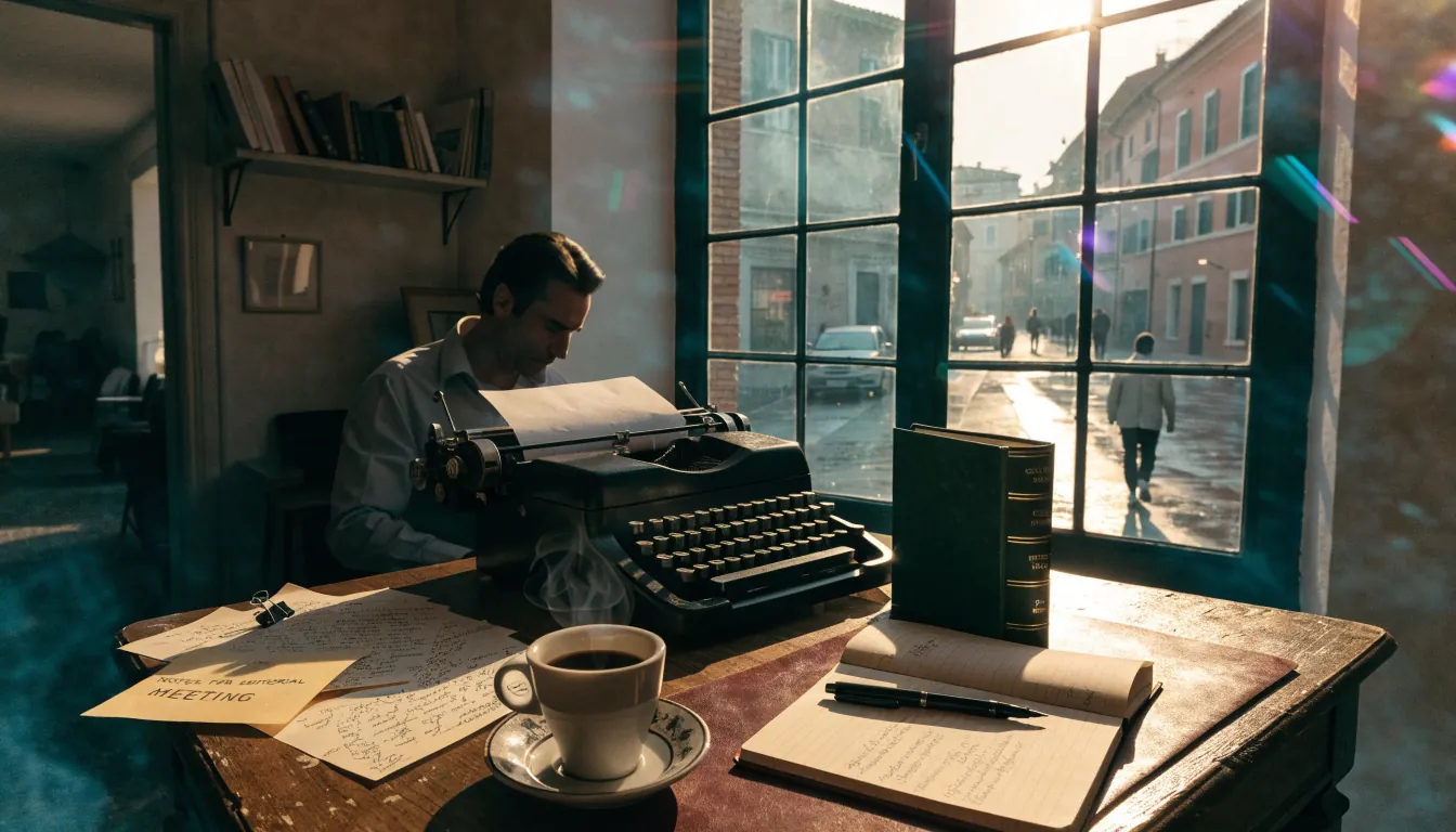 Scrivania di una redazione italiana con macchina da scrivere, tazza di espresso e vista su tetti romani
