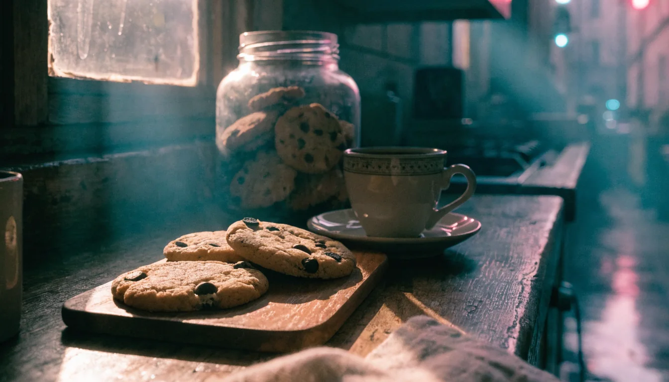 Tre biscotti con gocce di cioccolato su un tagliere di legno in una cucina italiana.