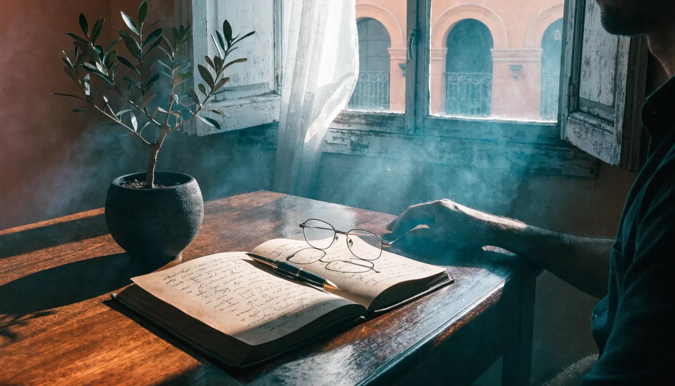 Scrivania italiana con quaderno aperto, penna e pianta d'ulivo alla luce del sole.