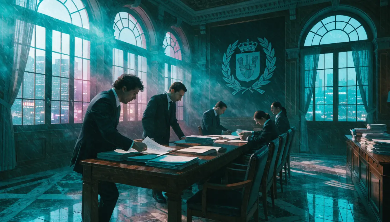 Interno di un ufficio governativo italiano con funzionari che esaminano documenti.