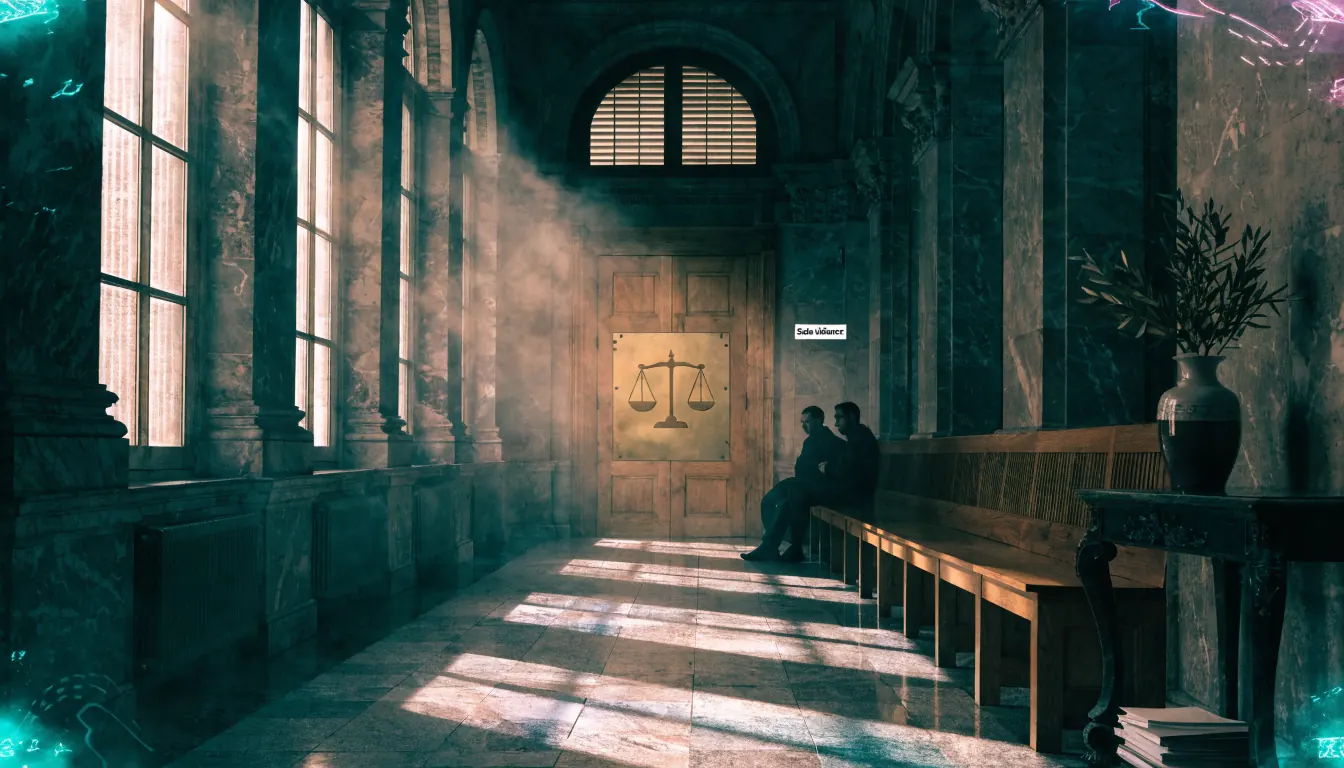 Corridoio di un tribunale italiano con bancone di legno, bilancia della giustizia e vasi d'olivo.
